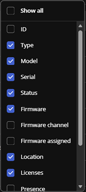 Selection options list